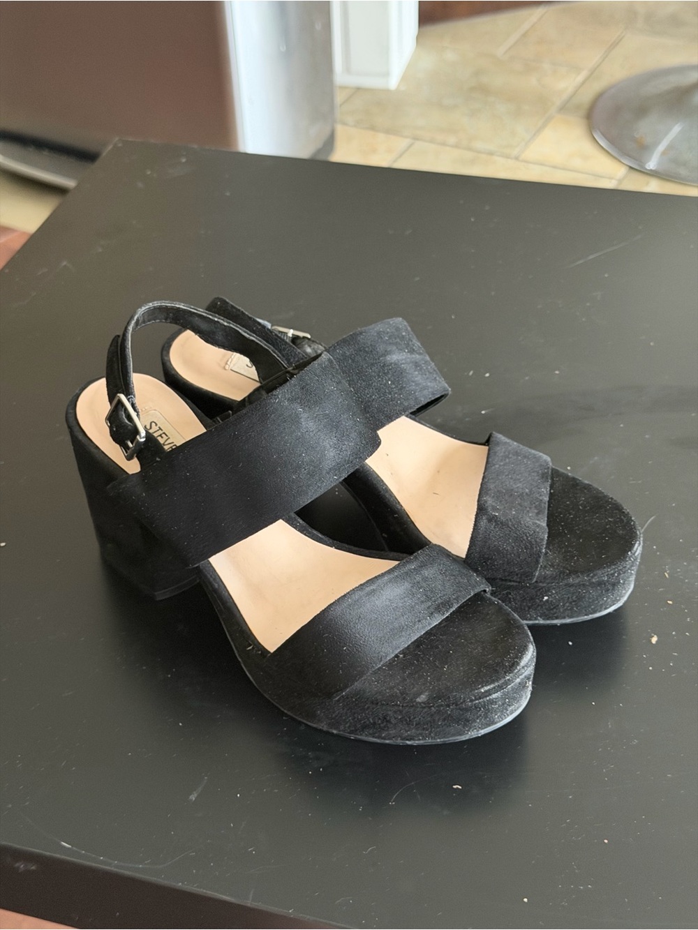 Steve Madden Black Suede Chunky Block Heel Sandals